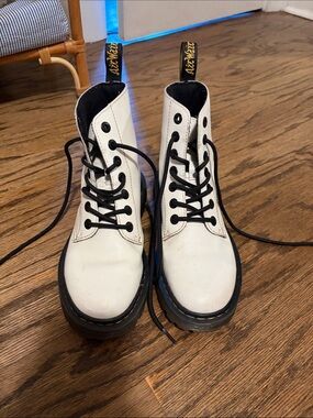 Dr. Martens White Leather Lace-Up Combat Boots with Black Accents